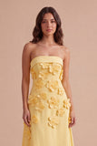 Yellow Floral Strapless A Line Long Wedding Guest Dress