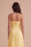 Yellow Floral Strapless A Line Long Wedding Guest Dress