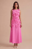 Hot Pink Floral Boat Neck A Line Long Wedding Guest Dress
