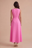 Hot Pink Floral Boat Neck A Line Long Wedding Guest Dress