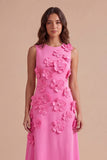 Hot Pink Floral Boat Neck A Line Long Wedding Guest Dress