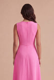 Hot Pink Floral Boat Neck A Line Long Wedding Guest Dress