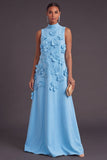 Blue Floral High Neck A Line Long Formal Dress