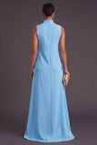 Blue Floral High Neck A Line Long Formal Dress