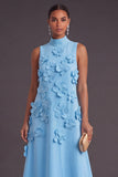 Blue Floral High Neck A Line Long Formal Dress