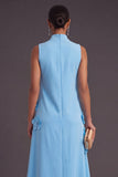 Blue Floral High Neck A Line Long Formal Dress