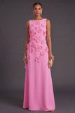Hot Pink Floral Boat Neck A Line Long Formal Dress