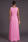 Hot Pink Floral Boat Neck A Line Long Formal Dress