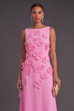 Hot Pink Floral Boat Neck A Line Long Formal Dress