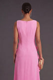 Hot Pink Floral Boat Neck A Line Long Formal Dress