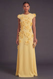 Yellow Floral A Line Round Neck Long Formal Dress