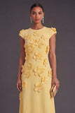 Yellow Floral A Line Round Neck Long Formal Dress