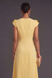 Yellow Floral A Line Round Neck Long Formal Dress