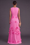 Hot Pink A Line Boat Neck Long Formal Dress with 3D Flowers