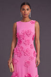 Hot Pink A Line Boat Neck Long Formal Dress with 3D Flowers