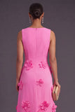 Hot Pink A Line Boat Neck Long Formal Dress with 3D Flowers