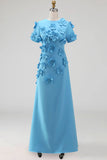 Blue Floral A Line Round Neck Long Formal Dress with Sleeves