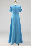 Blue Floral A Line Round Neck Long Formal Dress with Sleeves