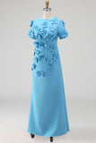 Blue Floral A Line Round Neck Long Formal Dress with Sleeves
