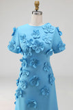 Blue Floral A Line Round Neck Long Formal Dress with Sleeves
