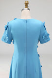 Blue Floral A Line Round Neck Long Formal Dress with Sleeves