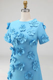 Blue Floral A Line Round Neck Long Formal Dress with Sleeves