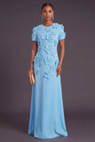 Blue Floral A Line Round Neck Long Formal Dress with Sleeves