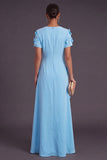 Blue Floral A Line Round Neck Long Formal Dress with Sleeves
