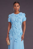 Blue Floral A Line Round Neck Long Formal Dress with Sleeves