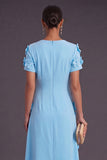 Blue Floral A Line Round Neck Long Formal Dress with Sleeves