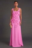 Hot Pink A Line Square Neck Long Formal Dress with 3D Flowers