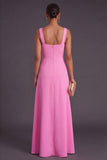 Hot Pink A Line Square Neck Long Formal Dress with 3D Flowers
