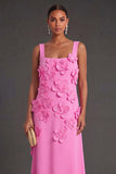 Hot Pink A Line Square Neck Long Formal Dress with 3D Flowers