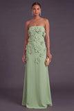 Sage Green Floral A Line Strapless Long Formal Dress