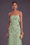 Sage Green Floral A Line Strapless Long Formal Dress