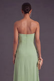 Sage Green Floral A Line Strapless Long Formal Dress