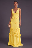Yellow V-Neck A Line Long Formal Dress with 3D Flowers