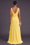 Yellow V-Neck A Line Long Formal Dress with 3D Flowers
