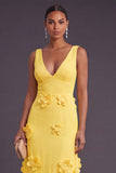 Yellow V-Neck A Line Long Formal Dress with 3D Flowers