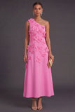 Floral Hot Pink A Line One Shoulder Long Formal Dress