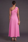 Floral Hot Pink A Line One Shoulder Long Formal Dress