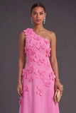 Floral Hot Pink A Line One Shoulder Long Formal Dress