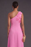 Floral Hot Pink A Line One Shoulder Long Formal Dress
