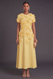 Floral Yellow A Line Long Formal Dress with Sleeves