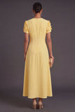 Floral Yellow A Line Long Formal Dress with Sleeves