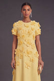 Floral Yellow A Line Long Formal Dress with Sleeves