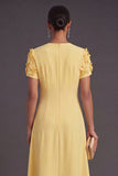 Floral Yellow A Line Long Formal Dress with Sleeves