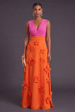 Fuchsia and Orange Floral A Line V-Neck Long Formal Dress