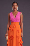 Fuchsia and Orange Floral A Line V-Neck Long Formal Dress