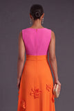 Fuchsia and Orange Floral A Line V-Neck Long Formal Dress